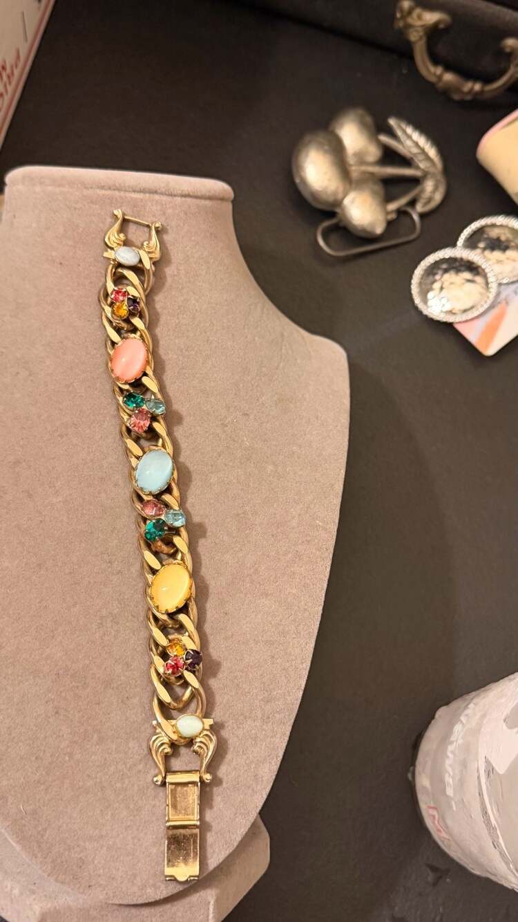 Vintage Signed Kafin Link Cabochon and Rhinestone Bracelet.